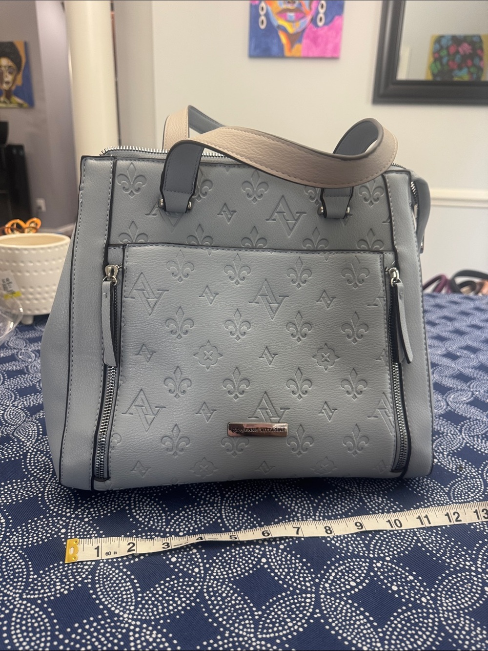 Adrienne Vittadini Light Blue Embossed Tote Bag with Contrasting Handle